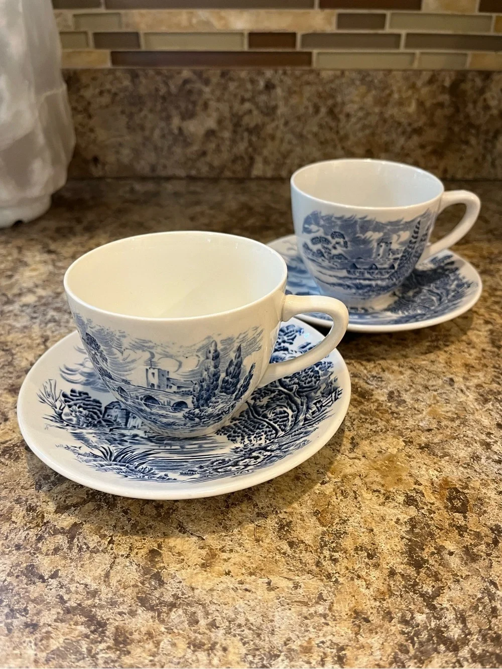 Wedgwood Countryside Teacups and Saucers Set of 2 Blue and White, England